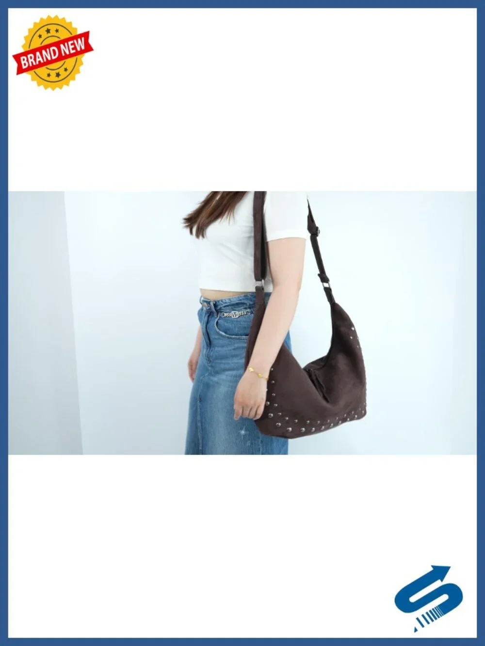 Faux Suede Hobo Bag with Studded Tote - Adjustable Shoulder Crossbody Purse
